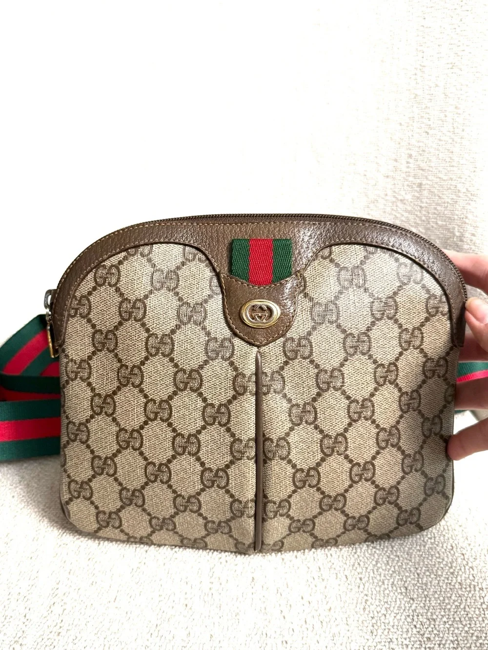 Authentic Gucci brown monogram supreme canvas crossbody bag red green accents GG